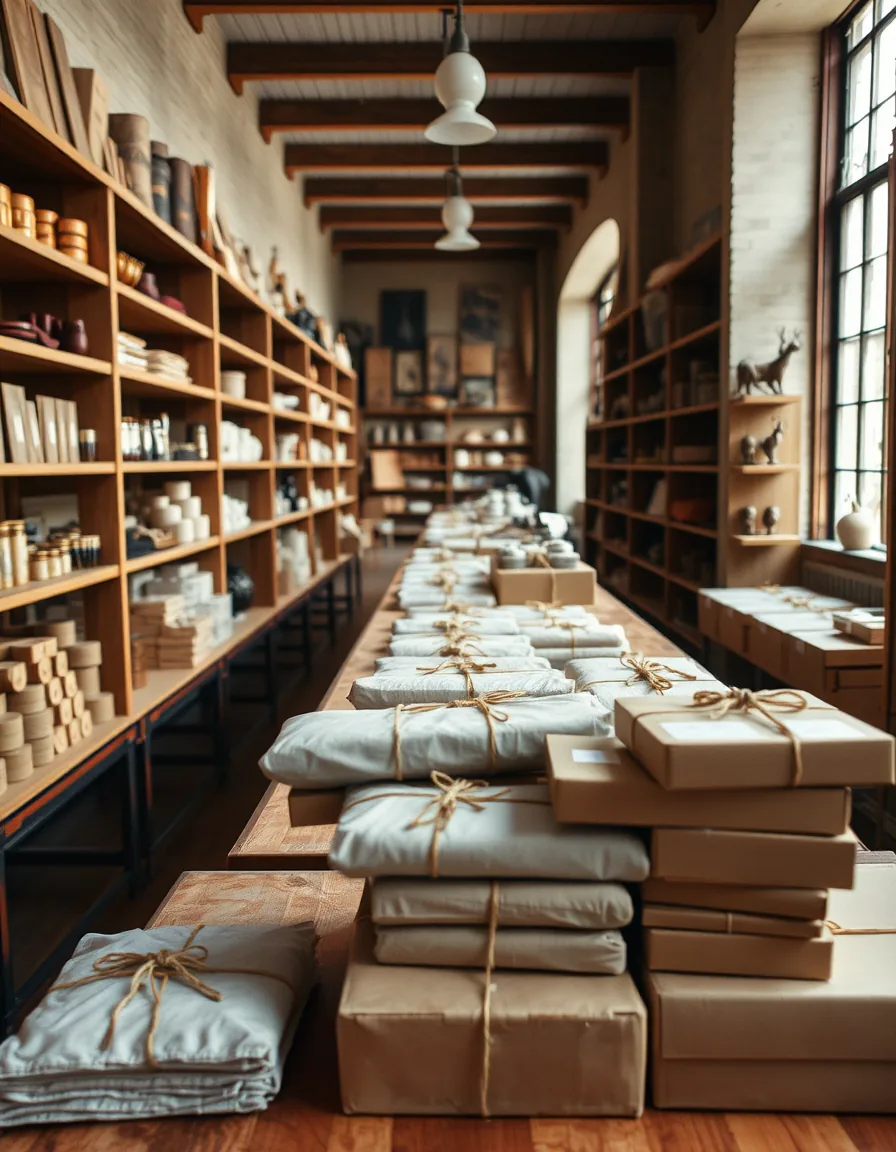 Long shelves in a larger shop with goods from several makers set out together, wrapped parcels and ready-to-ship boxes stacked on the dispatch table in front