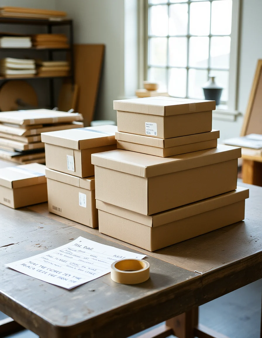 Finished goods boxed and stacked on a workbench in window light, ready to ship