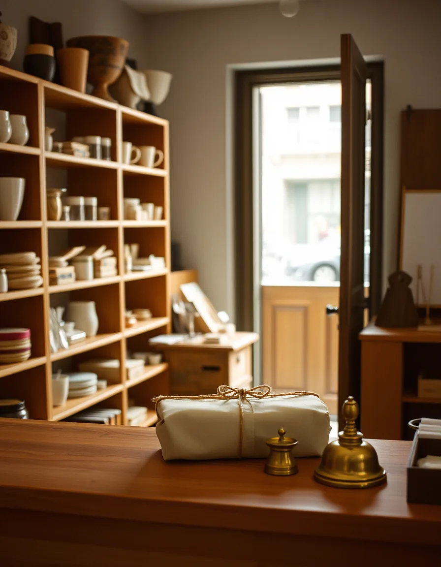 The counter of a maker's own shop, goods on open shelves behind it, a paper-wrapped parcel and a brass bell, daylight through the open door