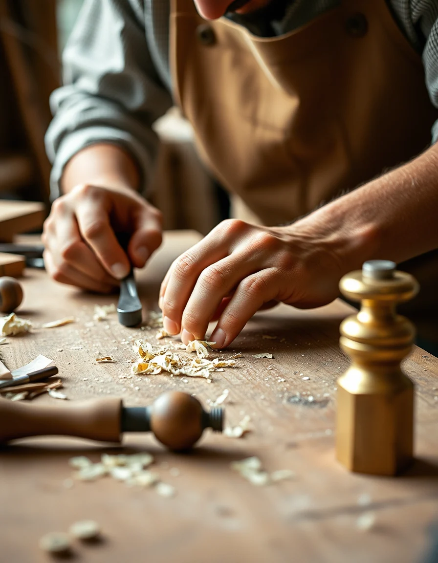 A maker's hands at a bench, chisel in use, shavings across the wood