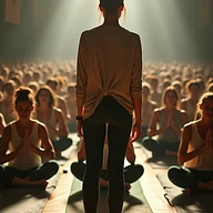 A teacher on stage leading a hall of hundreds of mats