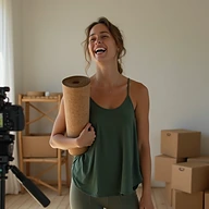 A creator laughing mid-shoot, a rolled Corda mat under her arm