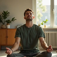 A man sitting cross-legged on a cork mat in a sunlit room at home