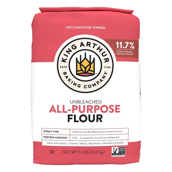 A bag of King Arthur All Purpose Unbleached Flour on a kitchen counter