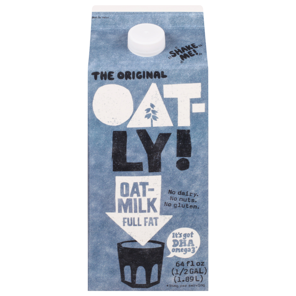 A carton of Oatly Full Fat Oatmilk on a kitchen counter