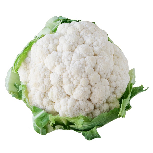 A whole head of fresh organic cauliflower on a kitchen counter