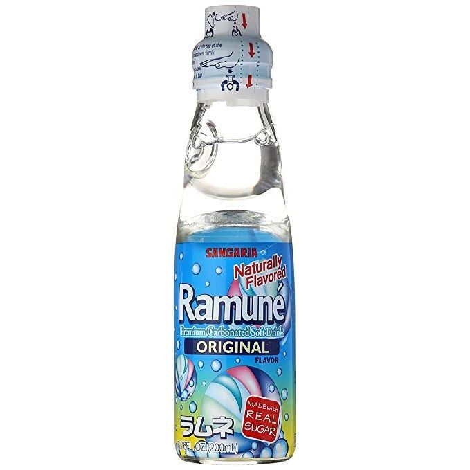 A bottle of Ramune Original soda on a wooden table