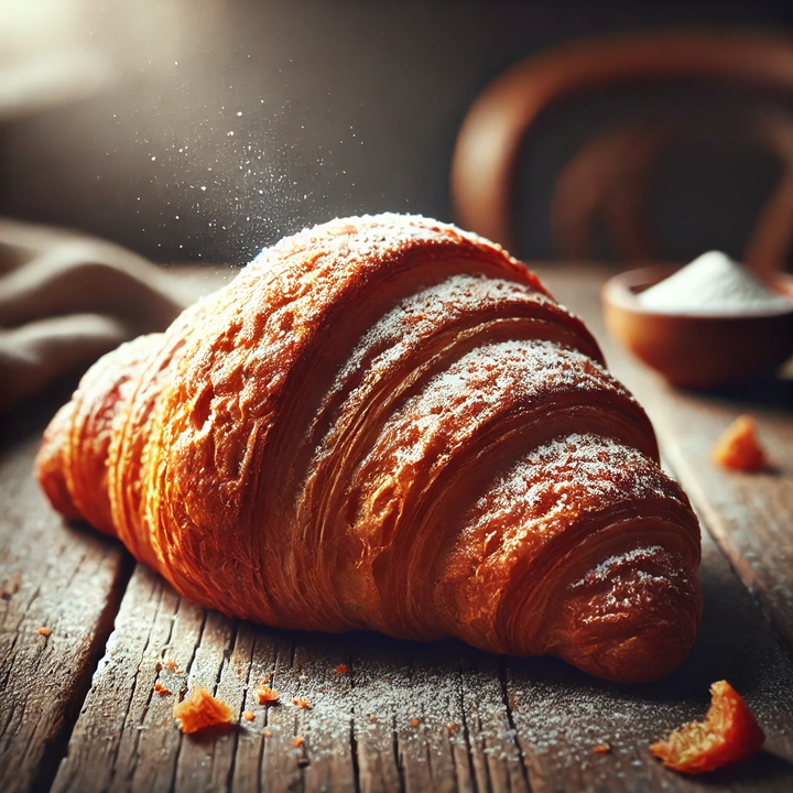 A golden-brown croissant on a wooden cutting board